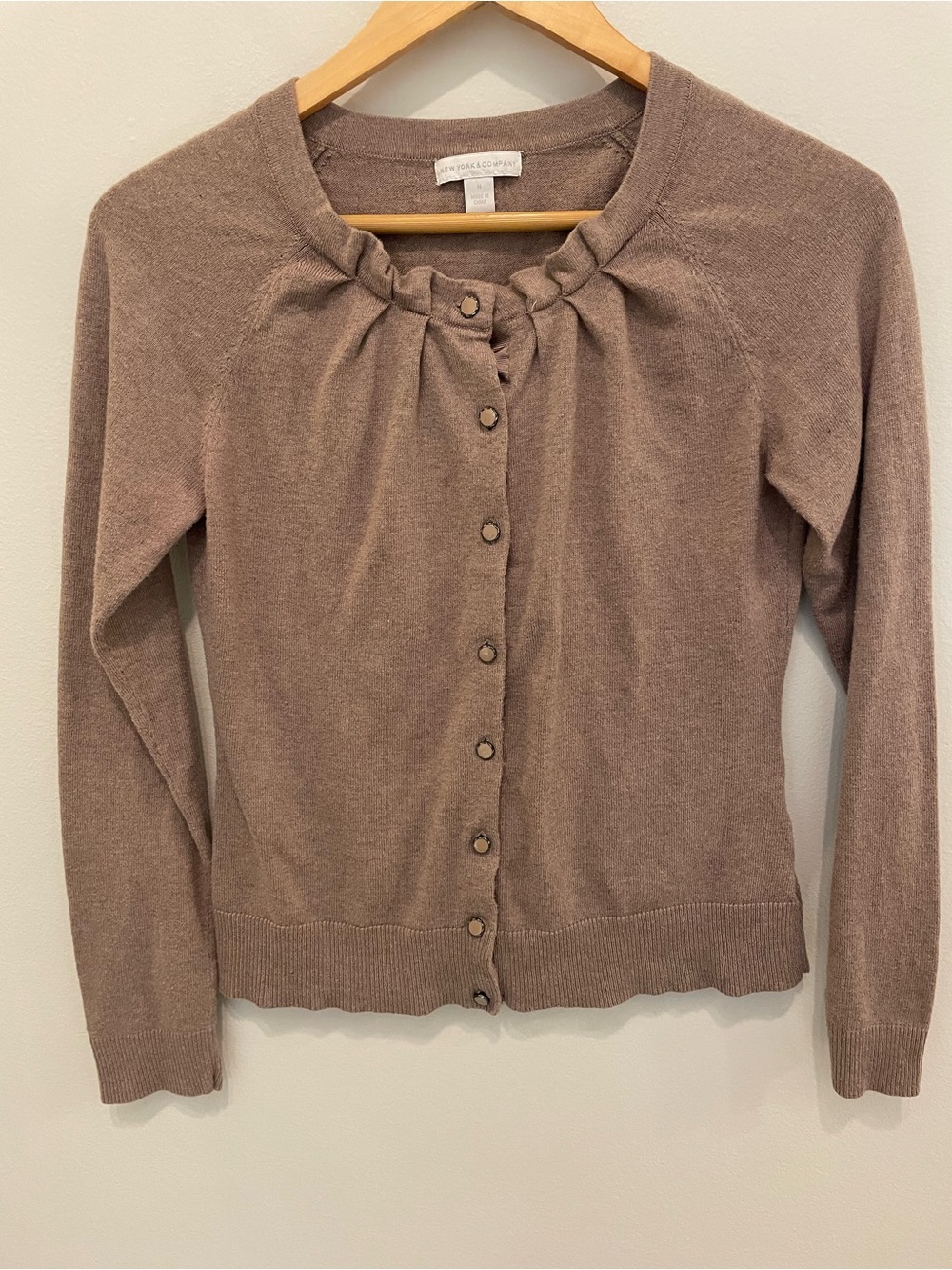 New York & Company Taupe Button-Front Gathered Neck Cardigan